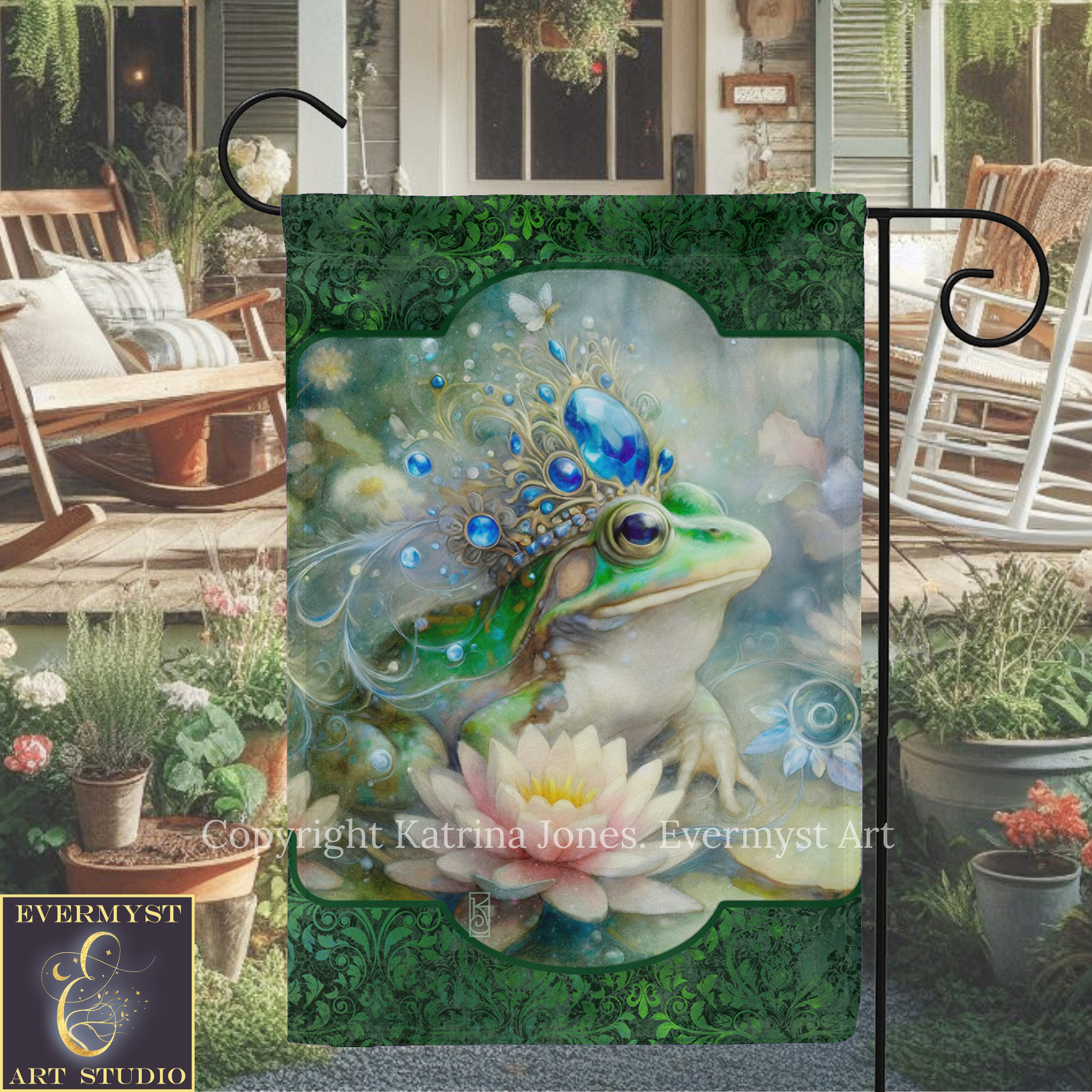 a vibrant and whimsical garden scene with a large, colorful frog as the central focus. The frog is adorned with a crown and surrounded by various plants and flowers, creating a lush and picturesque setting.
