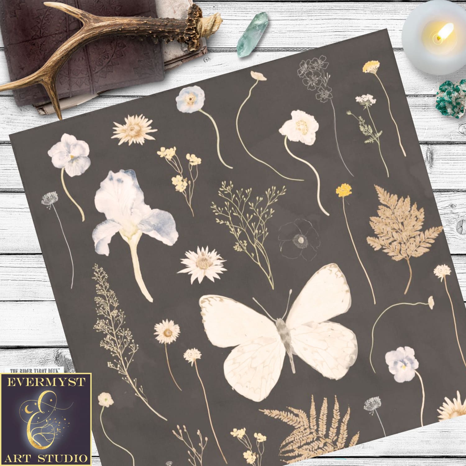 Floral Altar Cloth - Prairie Botanical Tarot Mat Cottagecore Decor 24X24 Inch Crepe Square