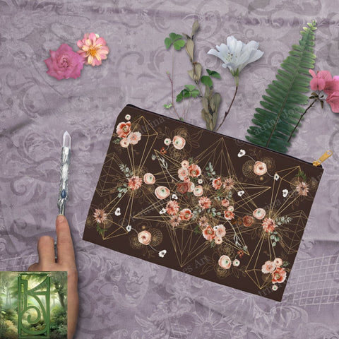 Floral Crystal Grid Red Earth Brown Accessory Pouches Vintage Design Witch Wicca Pagan Decor