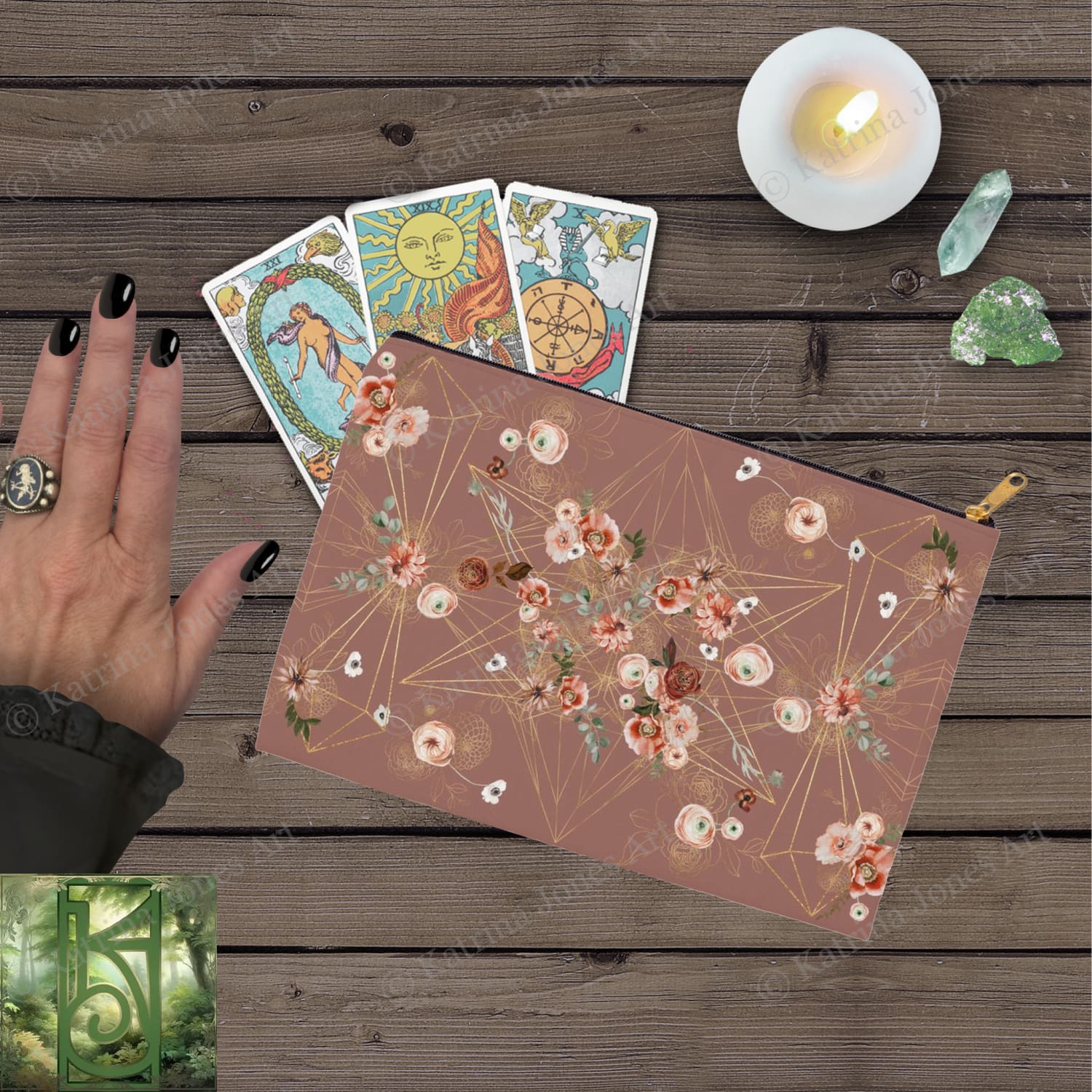 Floral Geometric Earthy Colors Accessory Pouches Vintage Design Witch Wicca Pagan Decor Zippered