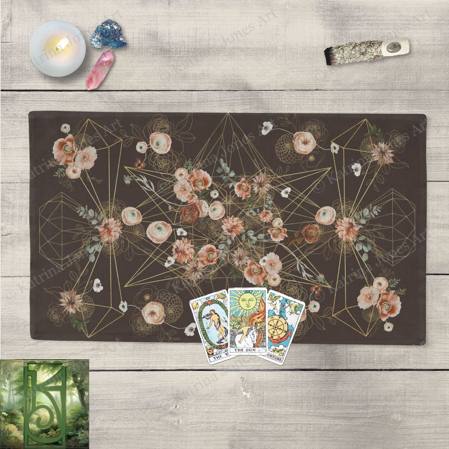 Altar Cloth Tarot Floral Crystal Grid Red Earth Brown Cotton Twill Rec