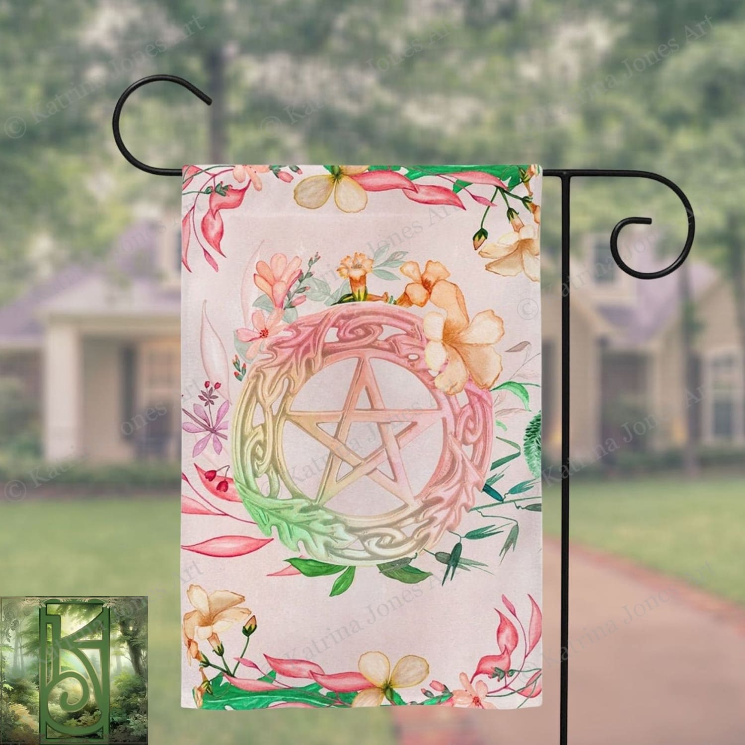 Floral Pentacle Garden Flag - Witch Pagan Wicca Decor And Gift