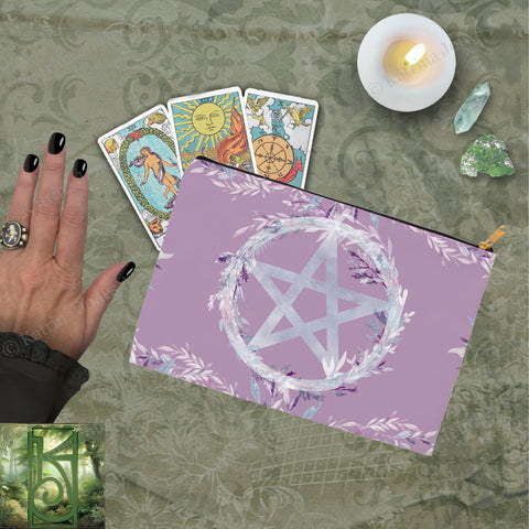 Floral Pentacle Purple Accessory Pouches Vintage Design Witch Wicca Pagan Decor Zippered Tarot Bag