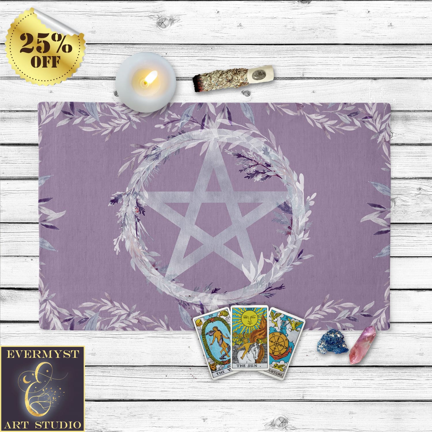Floral Pentacle Witch Altar Cloth Purple Tarot Reading Mat Cotton Twill Rec