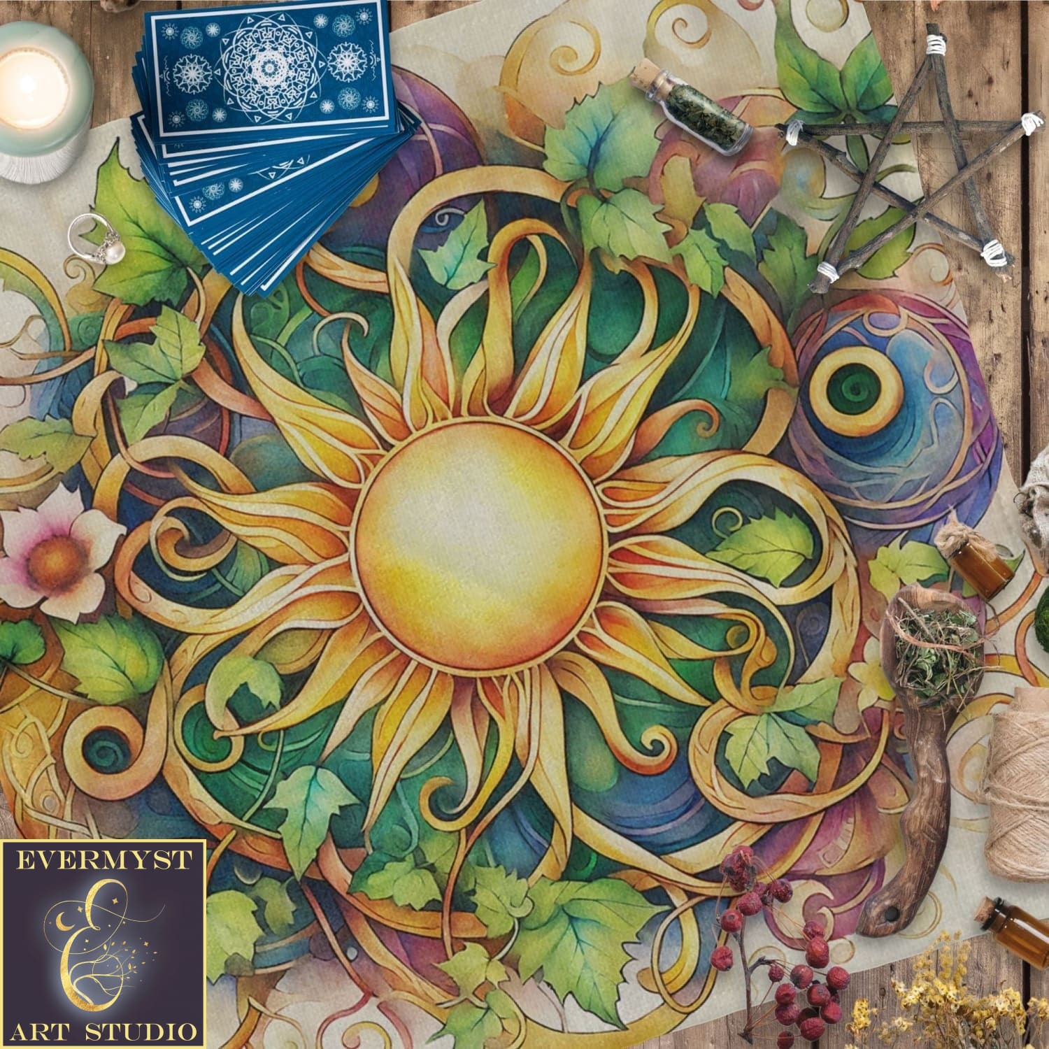 a painting of a sun surrounded by leaves and flowers