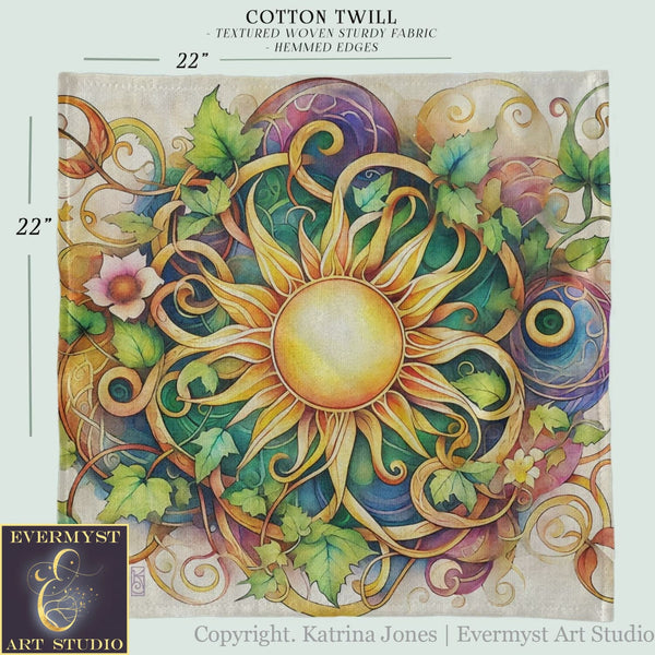 a painting of a sun surrounded by leaves