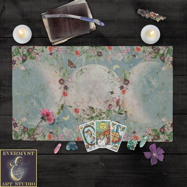 Floral Triple Moon Altar Cloth - Litha Solstice Tarot Mat For Decor Rec