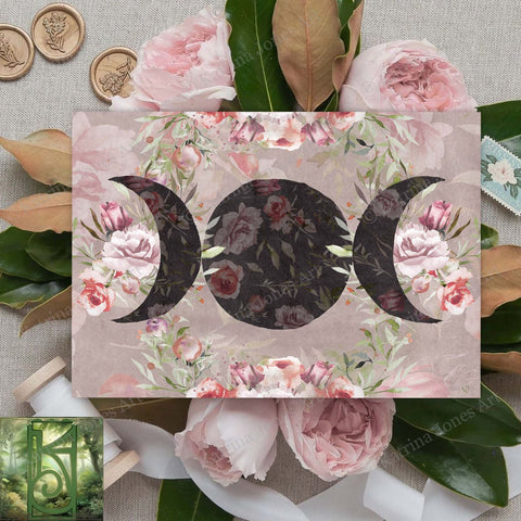Floral Triple Moon Folded Blank Greeting Cards Wicca Pagan Witch Decor Witchy Card