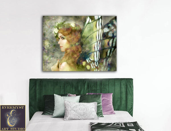 Realistic Flower Fairy Wall Art Print - Mythic Faerie Green Forest Painting