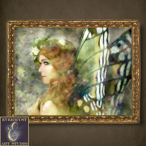 Realistic Flower Fairy Wall Art Print - Mythic Faerie Green Forest Painting