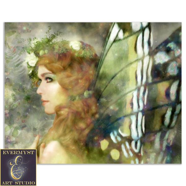 Realistic Flower Fairy Wall Art Print - Mythic Faerie Green Forest Painting 8 X 10 Paper