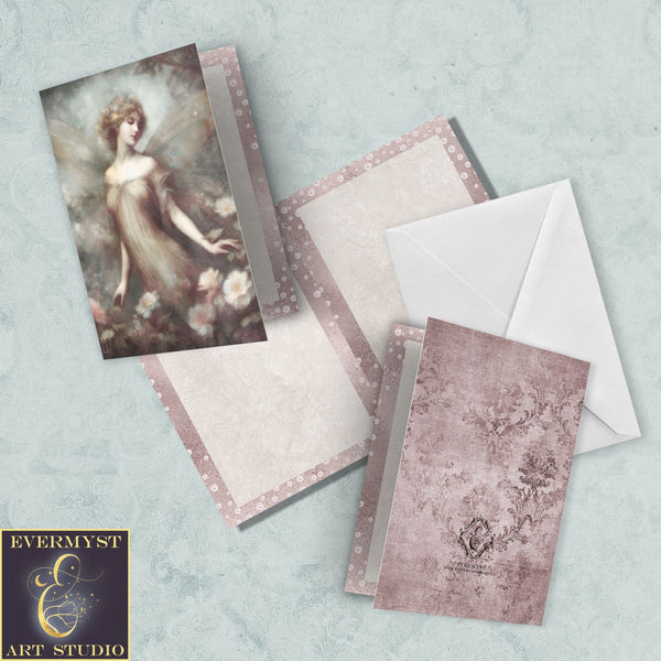 Flower Garden Fairy Blank Greeting Cards - Elegant Faerie Floral Fantasy Notecards Stationary Sets