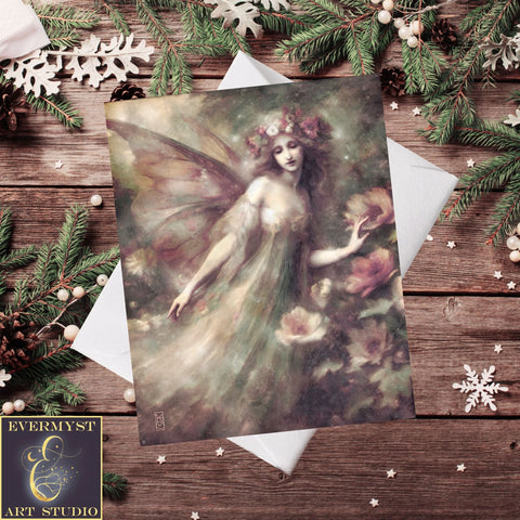 Flower Garden Fairy Blank Greeting Cards - Elegant Faerie Rose Floral Fantasy Notecards Stationary