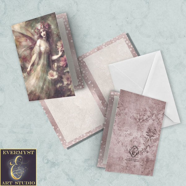 Flower Garden Fairy Blank Greeting Cards - Elegant Faerie Rose Floral Fantasy Notecards Stationary