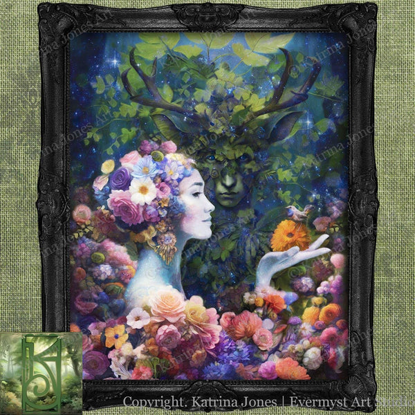 Beltane Wedding Art Print - May Queen And Horned God Pagan Fantasy Wall Decor 8 X 10 Paper