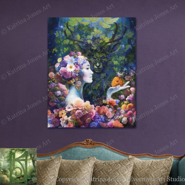 Beltane Wedding Art Print - May Queen And Horned God Pagan Fantasy Wall Decor