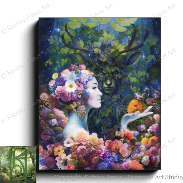 Beltane Wedding Art Print - May Queen And Horned God Pagan Fantasy Wall Decor