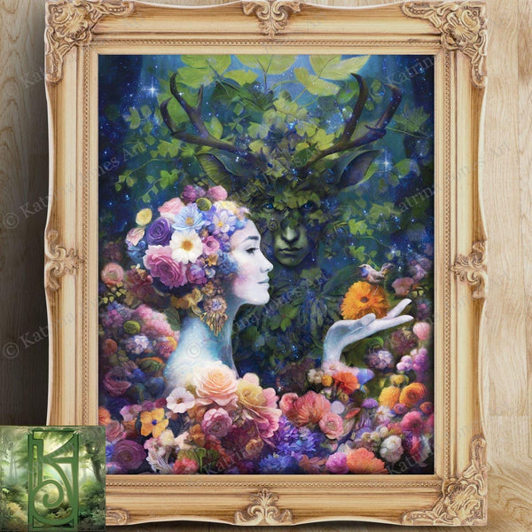 Beltane Wedding Art Print - May Queen And Horned God Pagan Fantasy Wall Decor