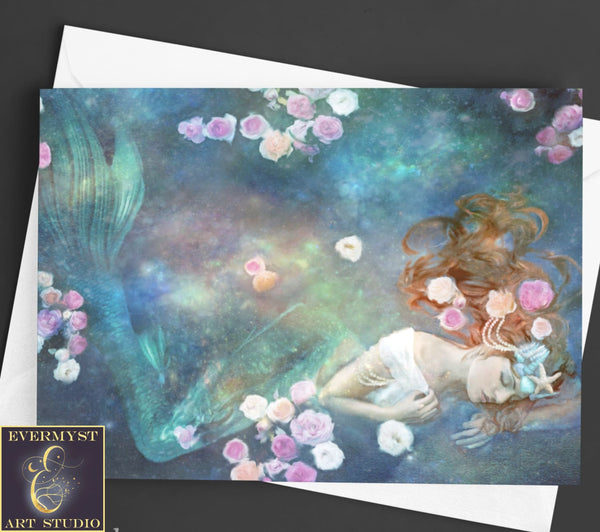 Flower Mermaid Greeting Card Mythic Fantasy Blank Notecard