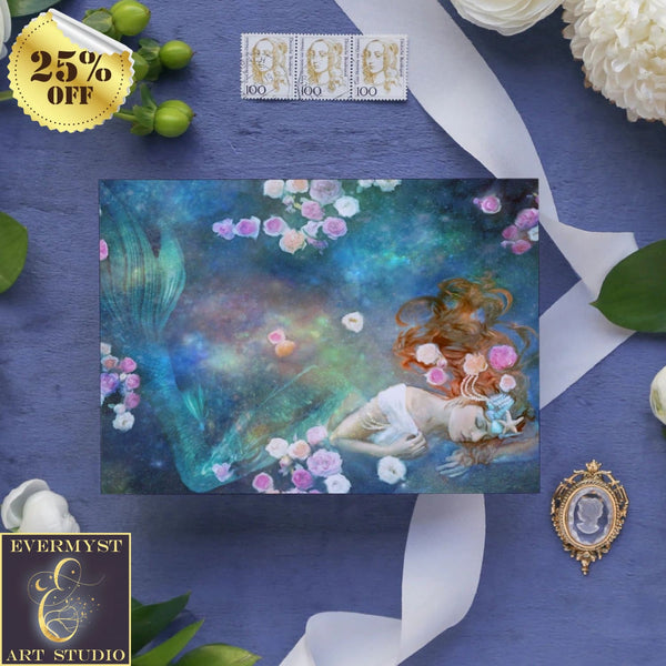 Flower Mermaid Greeting Card Mythic Fantasy Blank Notecard