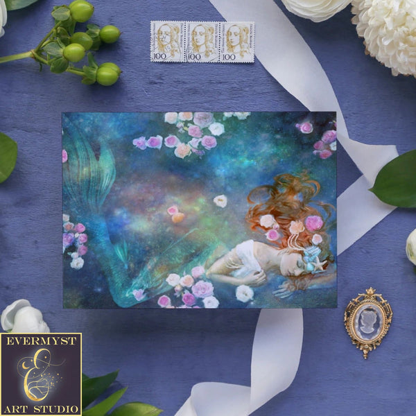 Flower Mermaid Greeting Card Mythic Fantasy Blank Notecard