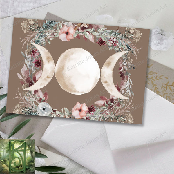 Flower Moon Greeting Card Wicca Witch Divine Feminine Symbol Trple Blank Notecards