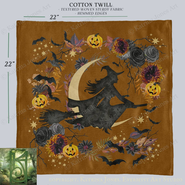 The image is a Halloween-themed fabric with a black silhouette of a witch riding a broomstick, surrounded by bats, pumpkins, and flowers.