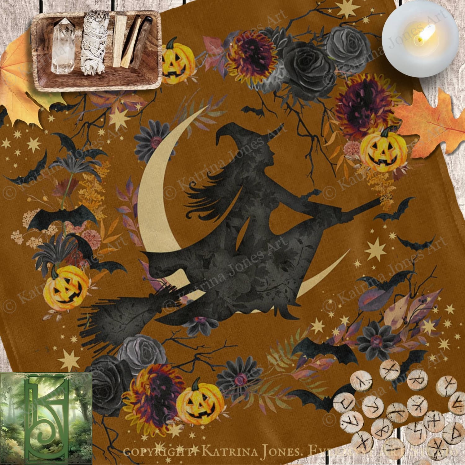 The image is a Halloween-themed collage featuring a witch on a broomstick, surrounded by various Halloween-related elements such as pumpkins, bats, flowers, and crystals.