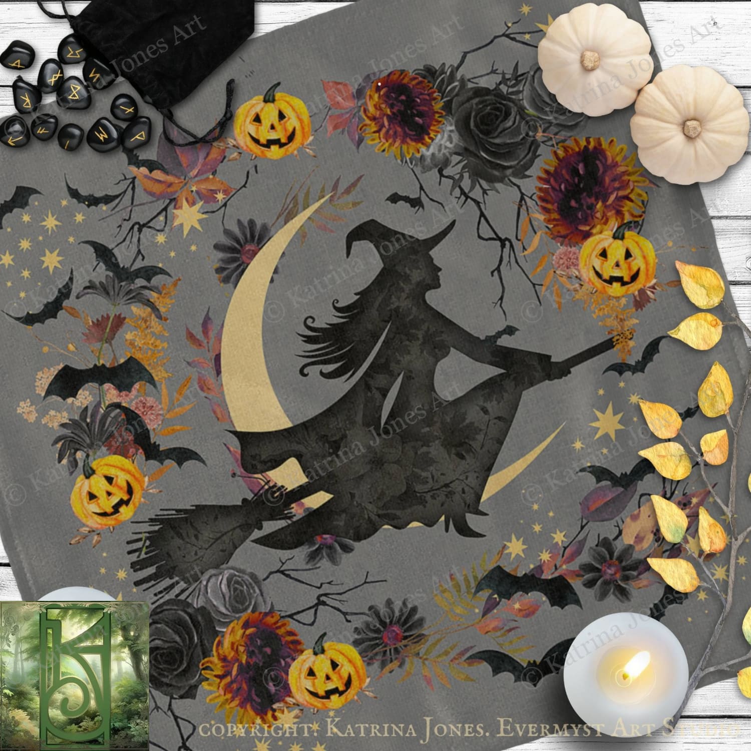 a witch riding a broomstick, surrounded by Halloween-themed elements such as pumpkins, bats, flowers, and leaves.