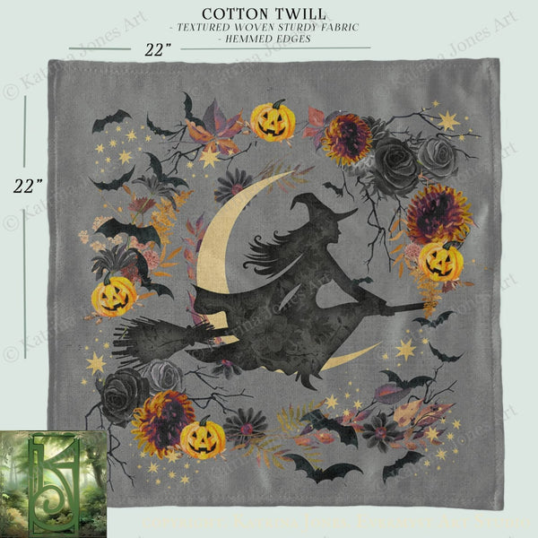 The image is a square-shaped piece of fabric with a Halloween-themed design featuring a silhouetted witch on a broomstick, surrounded by various fall-themed elements such as pumpkins, flowers, and bats.