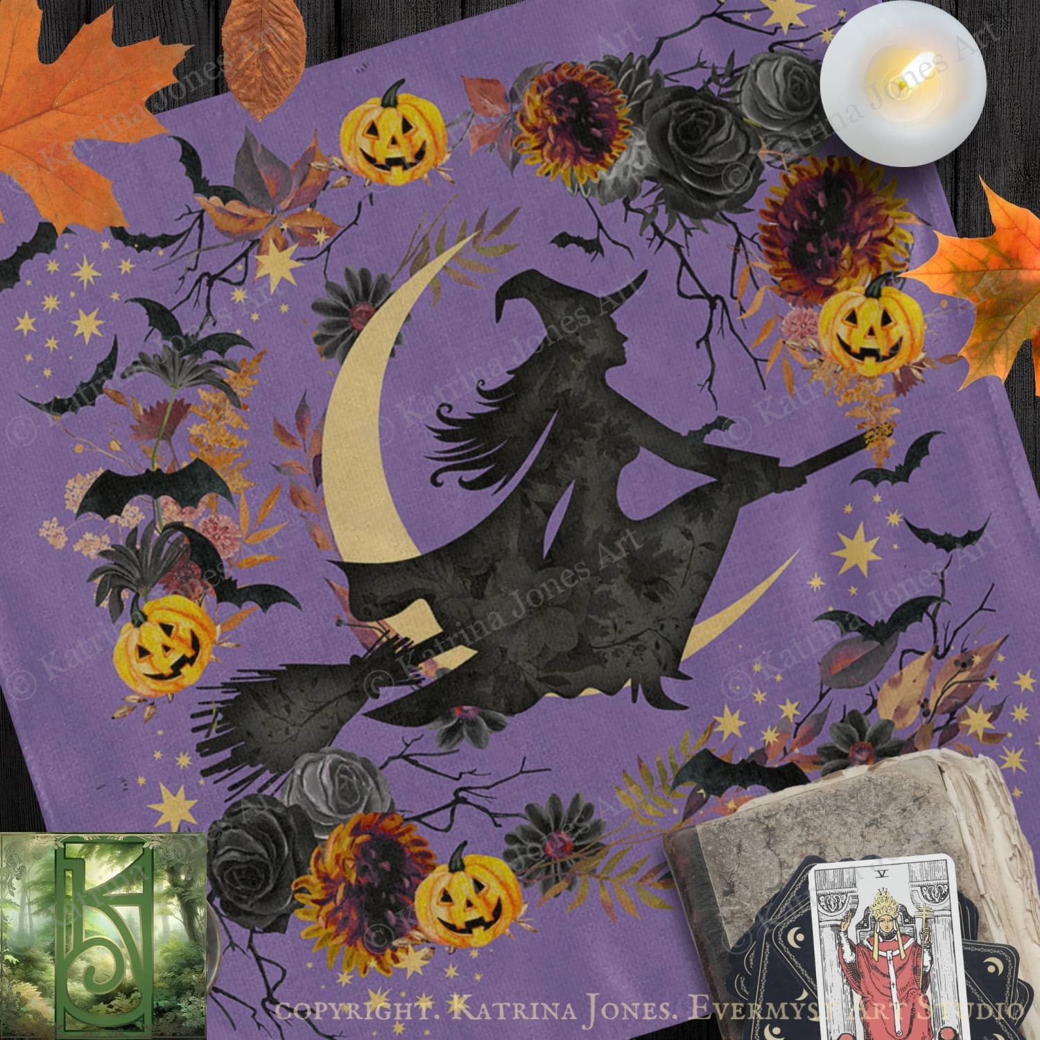 The image is a Halloween-themed collage featuring a witch on a broomstick, surrounded by autumn leaves, pumpkins, and bats.