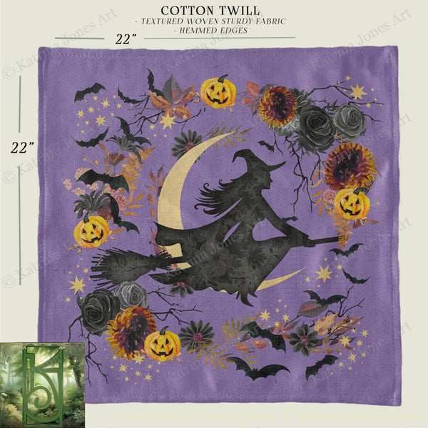 The image is a vibrant and detailed illustration of a witch on a broomstick flying through a night sky filled with bats, pumpkins, and flowers.