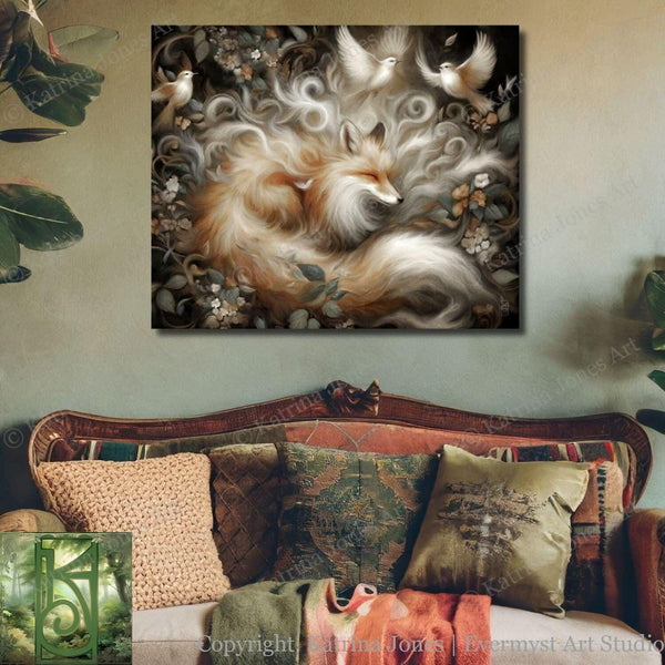 a painting of a fox on a wall above a couch