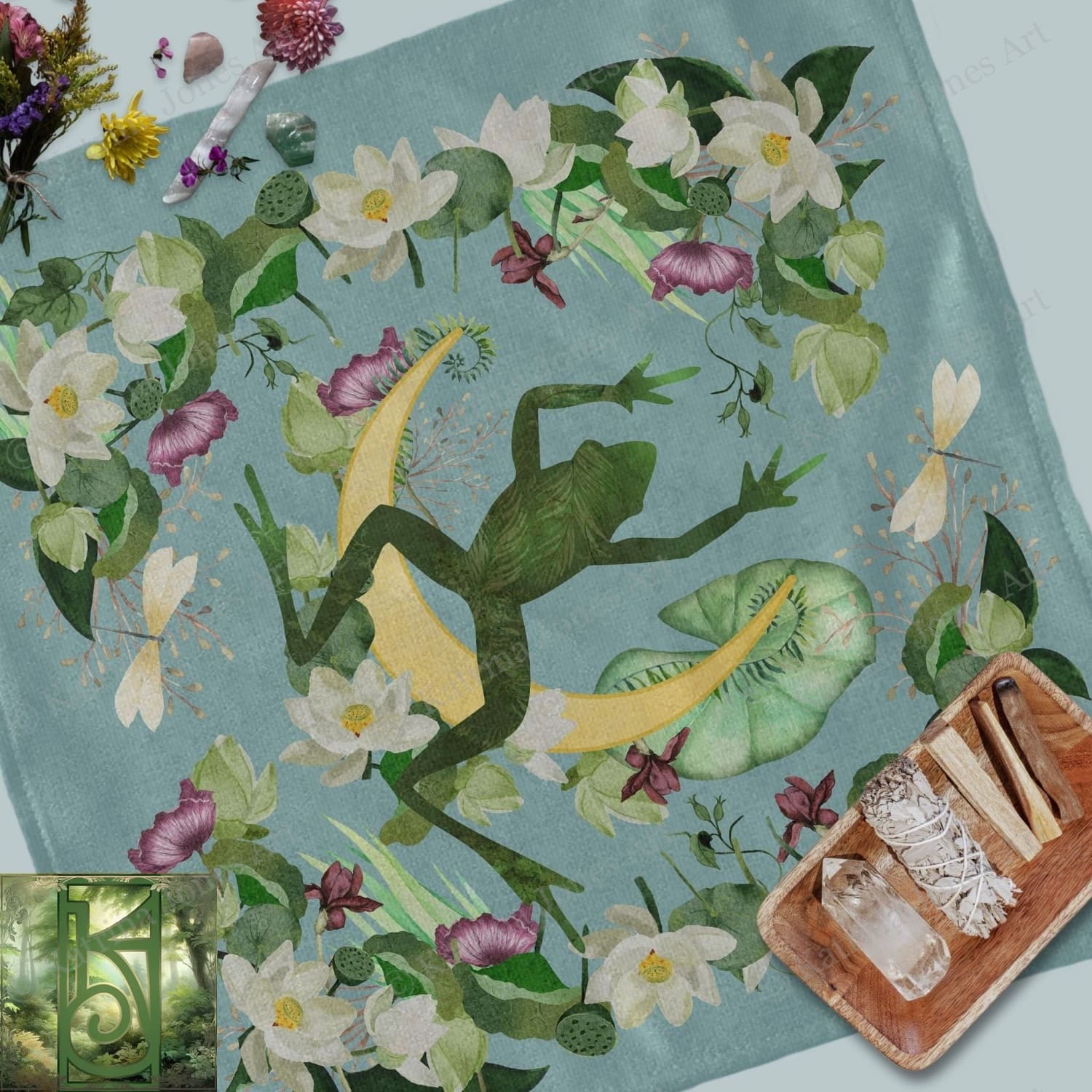 a green frog on a blue background with flowers