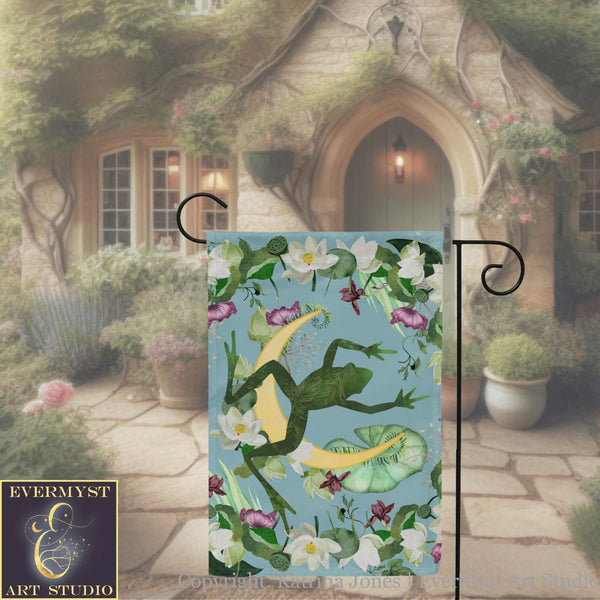 a garden flag with a frog on it