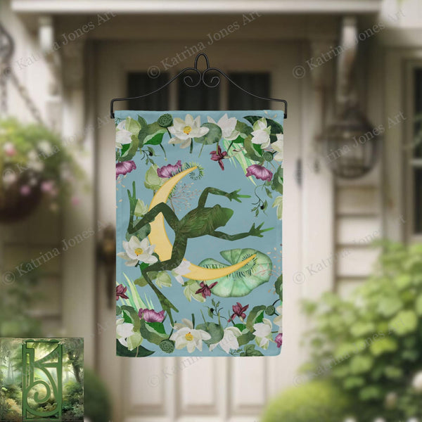 a garden flag hanging from a front door
