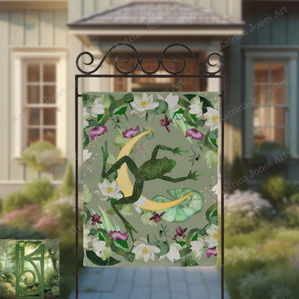 a green frog on a green background with white flowers and a house in the background