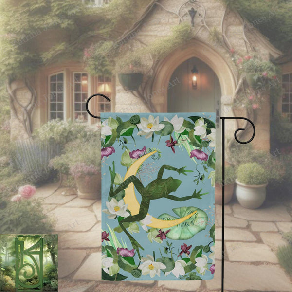 a garden flag with a frog on it