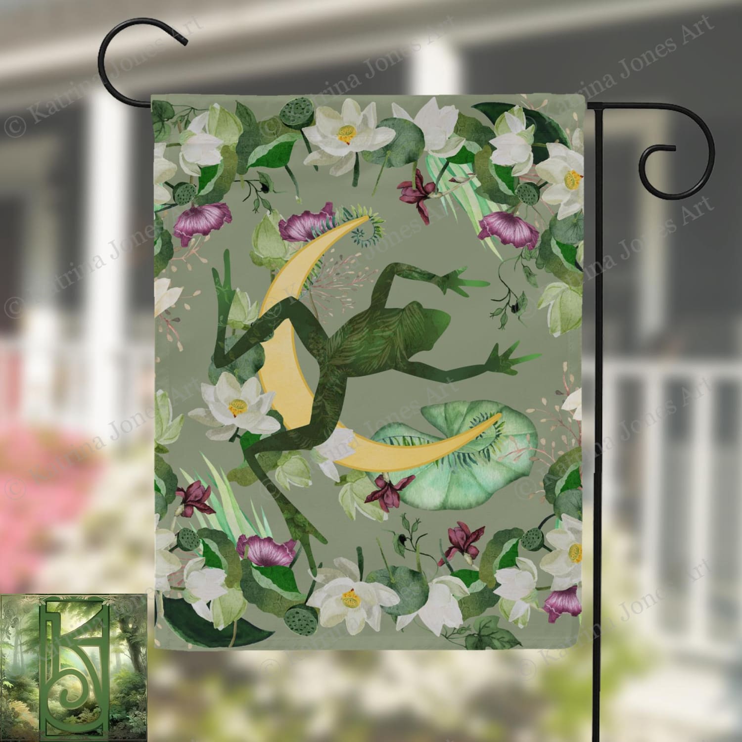 a flag with a frog on it hanging from a pole