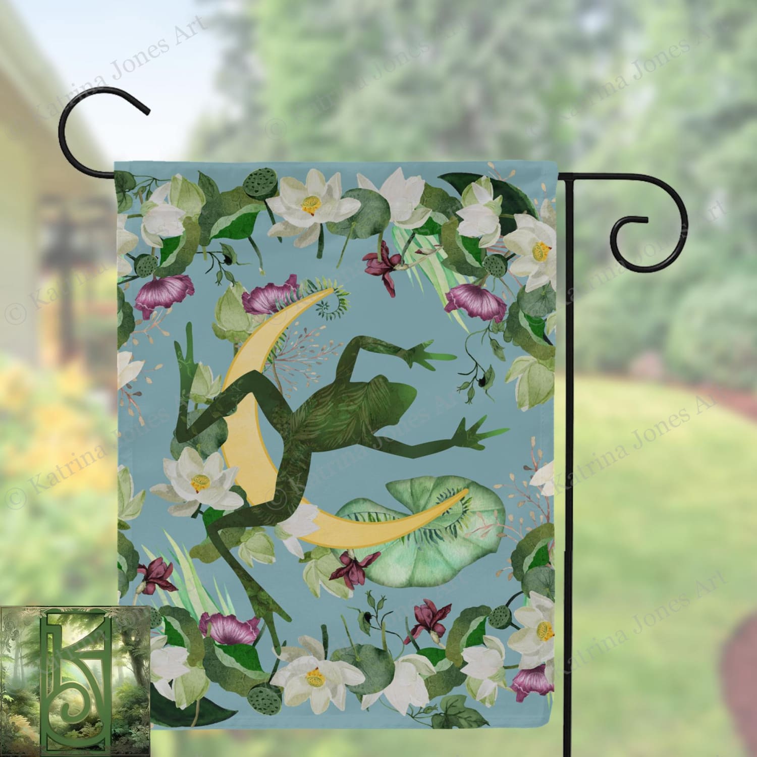 a flag with a frog and flowers on it