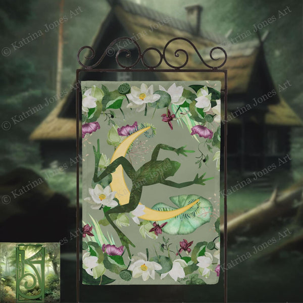 a picture of a frog with flowers and a house in the background