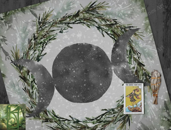 Winter Solstice Altar Cloth For Tarot Readings With Yule Snow Moon Design 22X22 Inch Twill Square