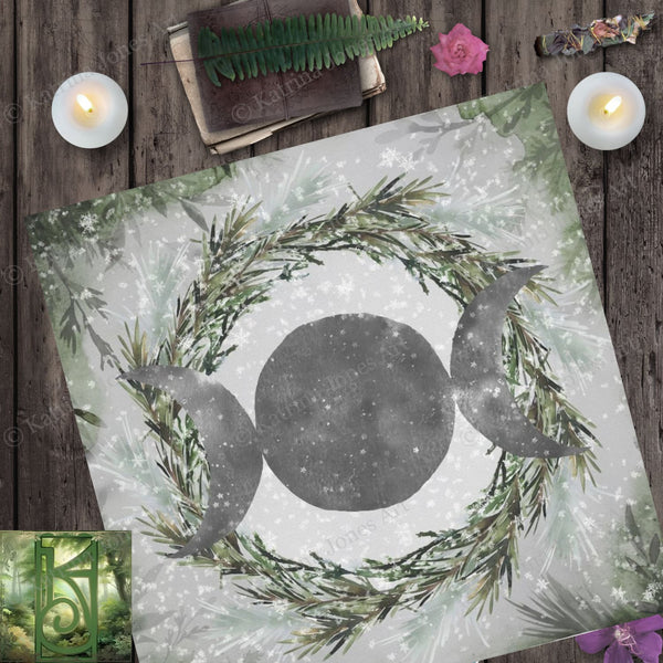 Winter Solstice Altar Cloth For Tarot Readings With Yule Snow Moon Design Square