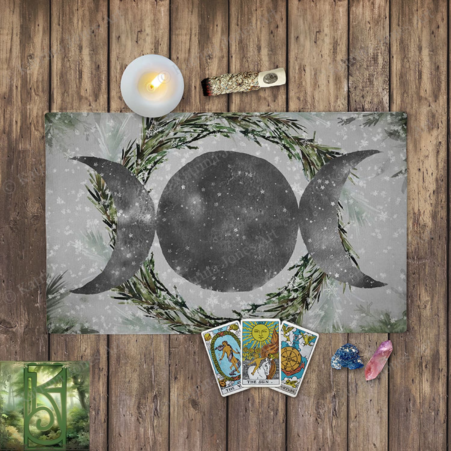 Triple Moon Tarot Cloth - Winter Witch Altar Cotton Twill Rec