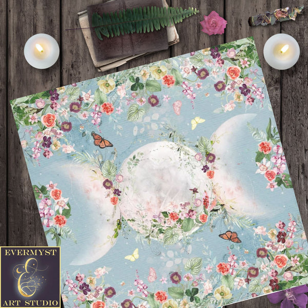 Garden Floral Triple Moon Altar Cloth - Beltane Summer Tarot Square