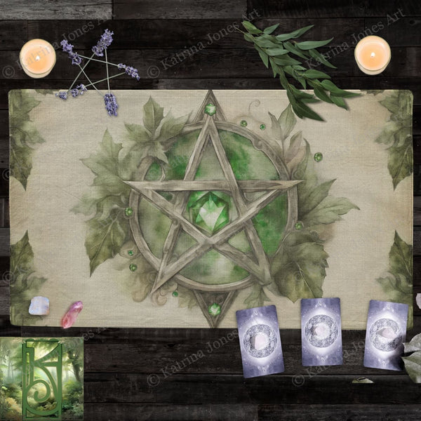 a place mat with a pentagramil surrounded by candles