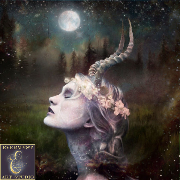 Horned Goddess Art Lady Love Canvas Pagan Painting Altar Wicca Decor Wall