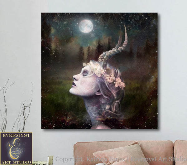 Horned Goddess Art Lady Love Canvas Pagan Painting Altar Wicca Decor Wall