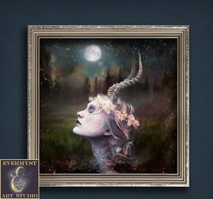 Horned Goddess Art Lady Love Canvas Pagan Painting Altar Wicca Decor Wall