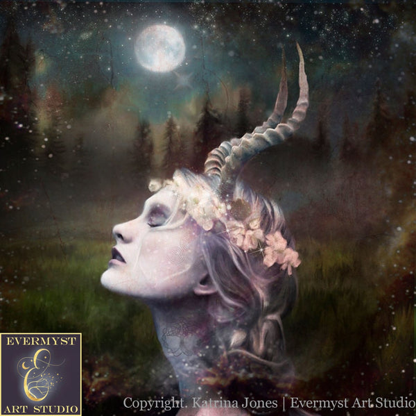 Horned Goddess Art Lady Love Canvas Pagan Painting Altar Wicca Decor Wall